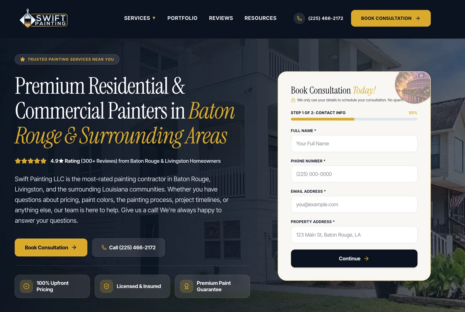 A painting company website with the estimate form built into the top of the page